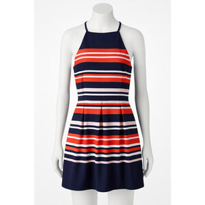 Vince Camuto Halter Dress Womens 12 Navy Striped Scuba Fit Flare Retro Classic
